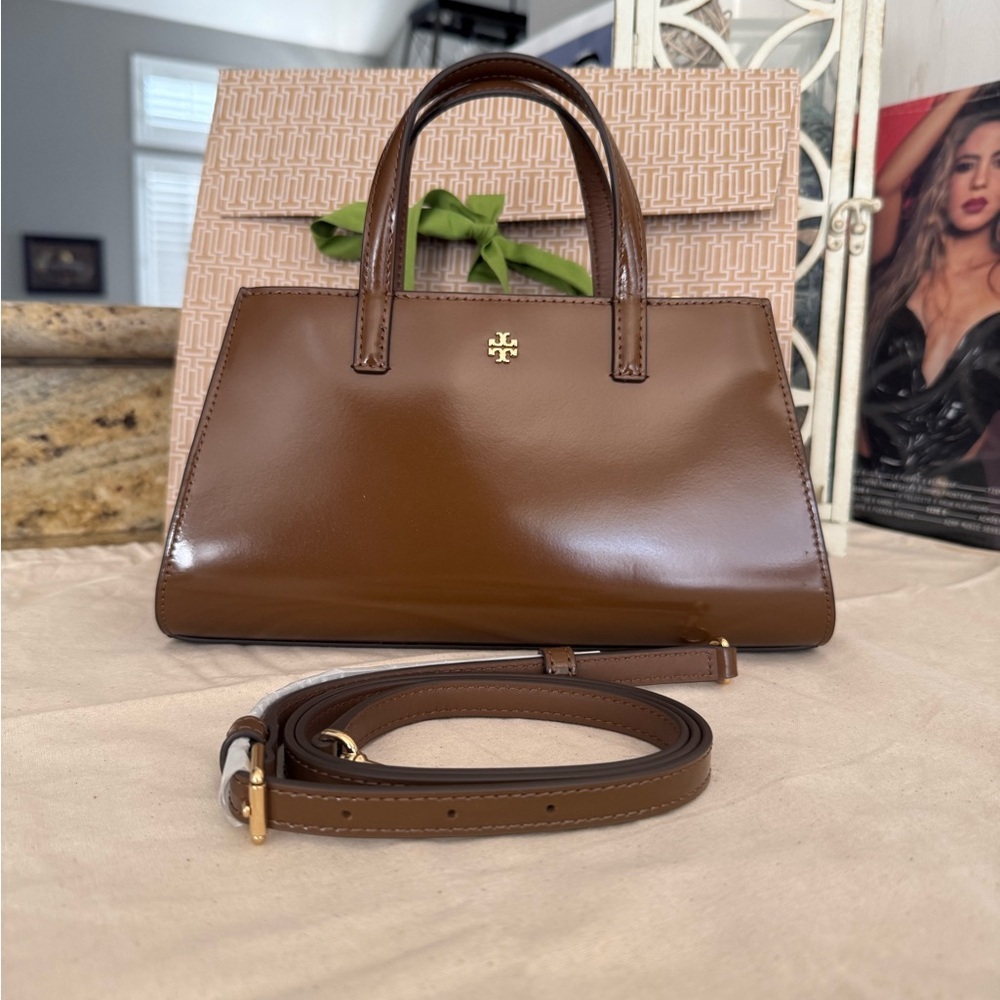 New 450+ Tory Burch Emerson mini tote in rich walnut color Leathe